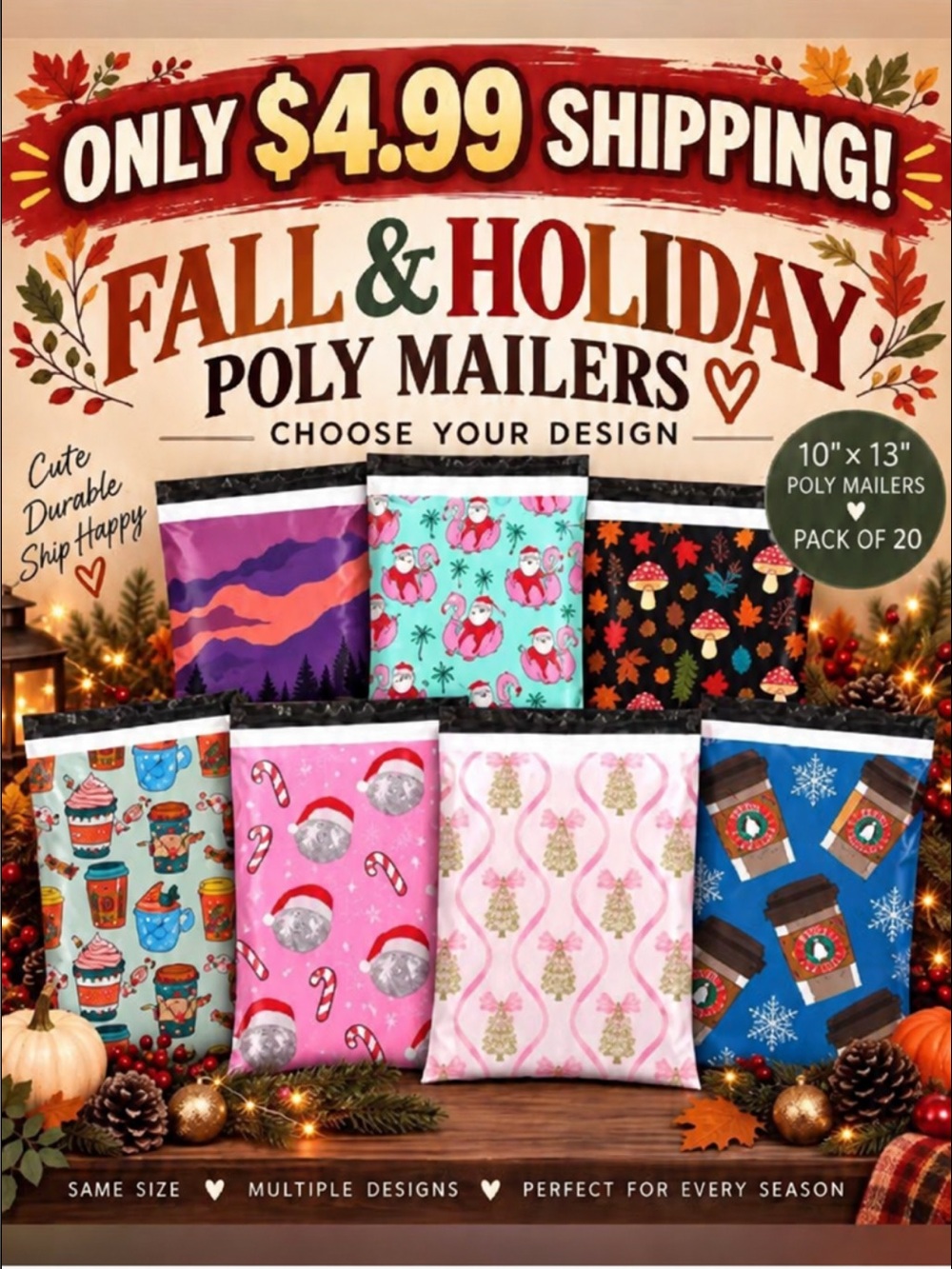 Fall & Holiday Poly Mailers 10x13 – 20 Pack – $4.99 Shipping! Choose Your Design